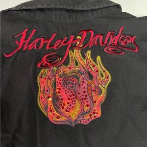 Harley Davidson Women 1W Black Sleeveless Zip Shirt Embroidered Rhinestone Biker